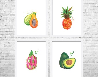 Fruits Print, Fruit Decor, Fruit Kitchen Art, Kitchen Decor, Kitchen Poster, Food Art, Kitchen Prints Set of 4 Fruits, Modern Decor