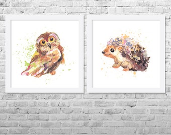 Watercolor Animal Set, Forest Animal Set, Animals Nursery Art Print, Children's Art, Kids Wall Decor, Nursery Wall Art Set of 2 Prints