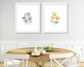 Set of 2 Botanical Prints, Living Room Art, Colorful Wall Art, Boho Home Decor, Watercolor Prints, Yellow, Green, Nursery Wall Art