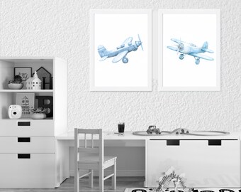 Blue Airplanes Nursery Art: Transportation Prints, Set of 2