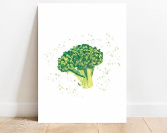 May include: Watercolor painting of a broccoli floret on a white background. The broccoli is depicted in shades of green and yellow, with a textured appearance. Splatter effects in green and yellow surround the broccoli.