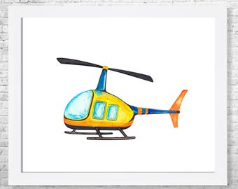 May include: A yellow and blue helicopter with orange accents. The helicopter has a black propeller and two windows on the side.