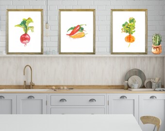 Gemüse Aquarell Bilder Set: Küche Stillleben Kunst, 3er Set