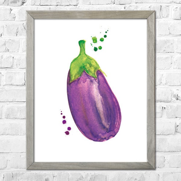 Art de l'aubergine, impression aquarelle, art mural cuisine, impression d'art cuisine, aquarelle végétale, décoration murale cuisine