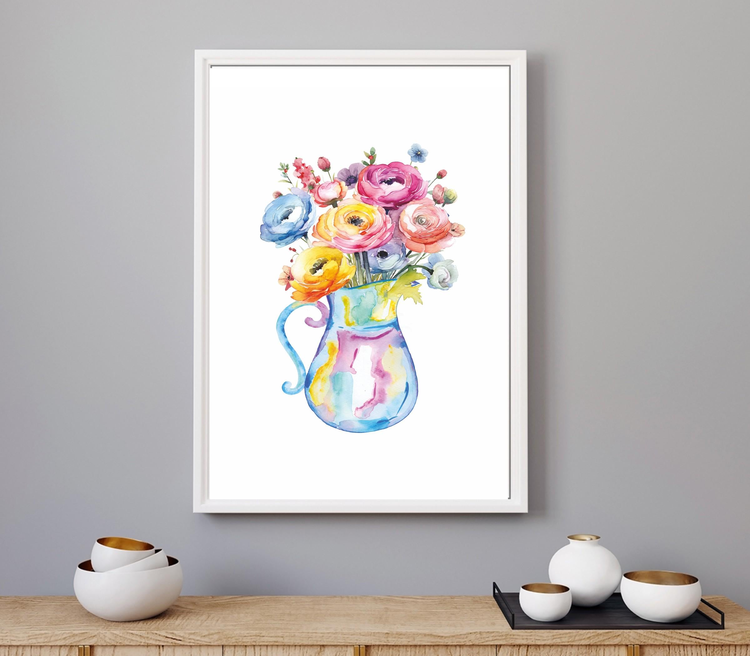 水彩画の花のプリント：抽象的な花瓶、モダンな壁アート - Etsy 日本