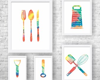 Colorful Kitchen Art Print Set: Utensil Wall Decor