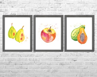 Kitchen Wall Art, Kitchen Paintings, Fruits  Decor, Watercolor Print, Watercolor Painting, Fruits Art, Still Life, Set of 3 Fruits