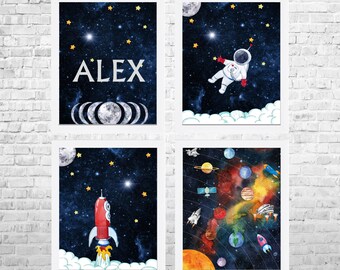 Set di stampe artistiche per la cameretta dei bambini nello spazio: astronauta, razzo, pianeti