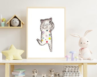 Cat Art Print, Cat Watercolor Painting, Watercolor Animal, Cat Poster, Cat Decor, Wall Cat Picture, Nursery Wall Decor, Home Decor