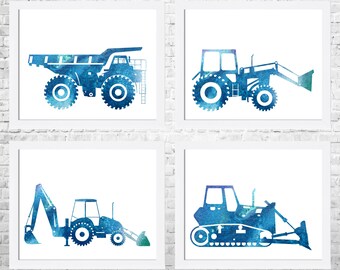 Construction Trucks Nursery Art Prints: Giclee Fine Art, Set of 4