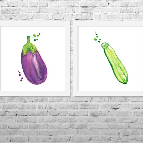 Aquarelle végétale, impression aquarelle, art de la courgette aubergine, art mural cuisine, impression cuisine, décoration de cuisine, lot de 2 impressions-WT7