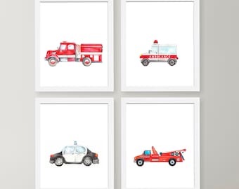 Rescue Vehicle Art Prints - Firetruck, Police Car, Ambulance - Nursery Decor Set of 4