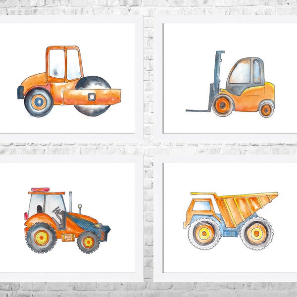 Trucks Prints, Construction Nursery Art, Nursery Poster, Construction Decor, Baby Boy Nursery, Kids Art Print, Nursery Decor,Set of 4 Prints