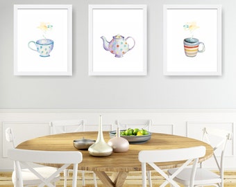 Kitchen Art Prints: Coffee & Teapot Watercolor Set