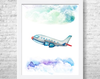 Airplane Print, Airplane Decor, Airplane Watercolor Art, Transportation Nursery, Baby Nursery Art, Transportation Wall Art, Boy Room Decor