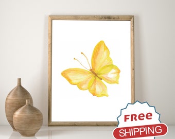 Yellow Watercolor Art, Butterfly Watercolor Print, Butterfly Watercolor Painting, Home Decor, Butterfly Art Print