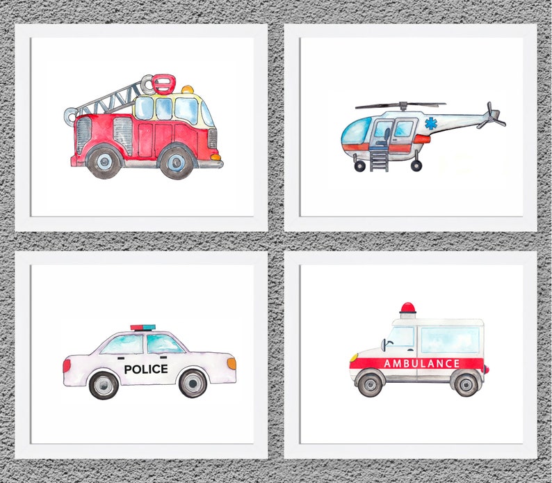 Rescue Vehicles Prints, Trucks Car Art, Transportation Nursery Theme, Nursery Poster, Boy Nursery, Kids Art, Nursery Decor, Set of 4 Prints image 3