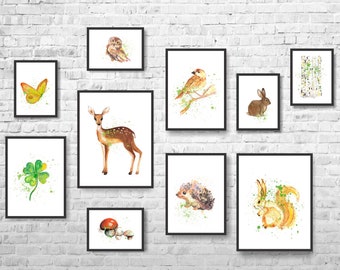 Watercolor Forest Animal Nursery Print Set: Woodland Kids Wall Art