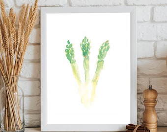 May include: A watercolor painting of three green asparagus spears on a white background.