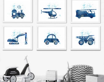 Blue Transportation Nursery Art: Car, Truck, Train Prints - Set of 6