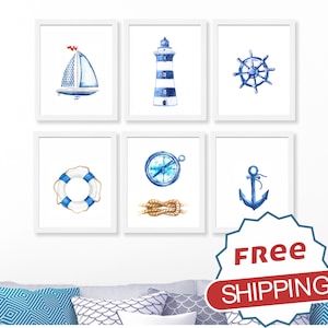 Nautical Nursery Decor, Lighthouse Sailboat Anchor Print, Kids Bedroom Decor Set of 6 Prints, Nautical Playroom Art, Navy Blue Wall Art