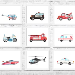 緊急車両プリント 9 枚セット、男の子の保育園の壁アート、救助車両プリント、男の子の部屋の装飾、消防車、パトカー、レッカー車