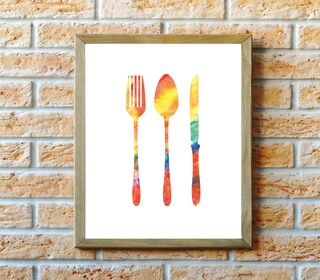 KREATIVE ARTS Set 4 Stampe Su Tela Da Cucina 15x30 Cm - Posate E Fiori Di Cotone Ad Acquerello - Quadri Artistici Pronti Da Appendere Per Soggiorno