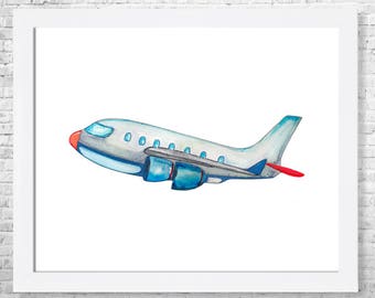 Blue Airplane Watercolor Print: Transportation Nursery Art