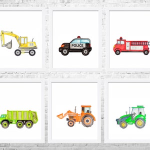 Arte de la guardería de la construcción, cartel de la guardería, impresiones de camiones, decoración de la construcción, decoración de la pared de los niños, arte de los niños, conjunto de arte de la pared de la guardería de 6 impresiones