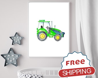 Green Tractor Watercolor Print: Construction Nursery Art