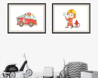 Fire Truck Wall Art, Baby Boy Nursery, Fire Truck Print, Fire Hydrant, Fireman Boy Room Decor, Big Boy Bedroom, Set of 2 Prints