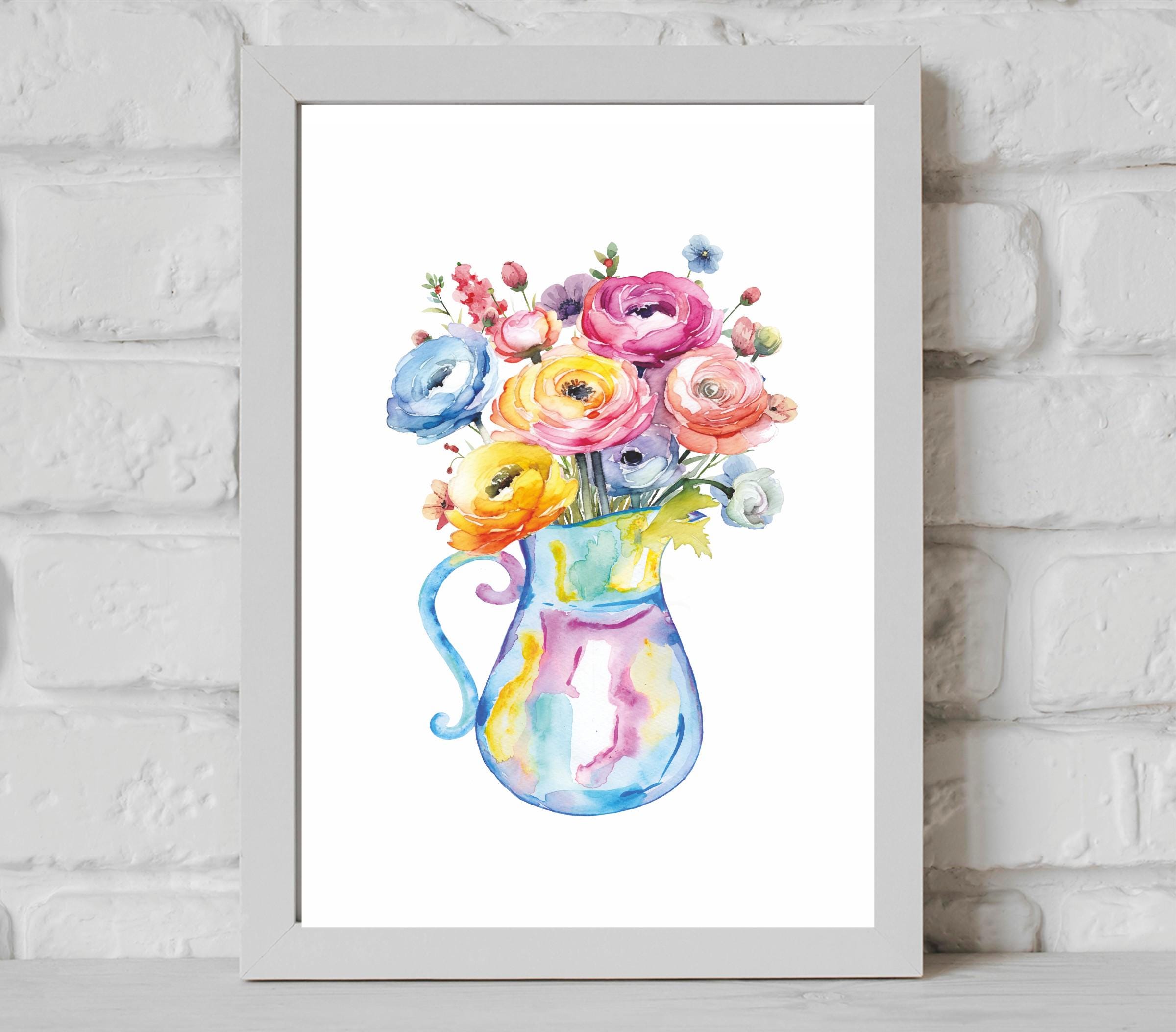 水彩画の花のプリント：抽象的な花瓶、モダンな壁アート - Etsy 日本