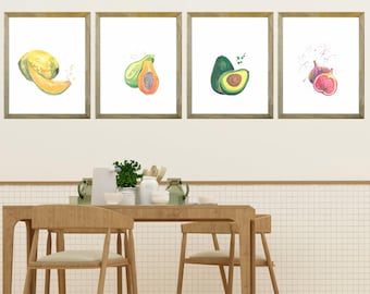 Fruit Kitchen Prints, Kitchen Decor, Modern Food Art, Set of 4