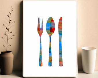 Watercolor Cutlery Art Print: Colorful Kitchen Poster