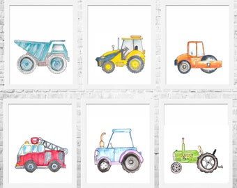 Construction Nursery Art Prints: Watercolor Trucks, Set of 6