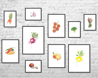 Vegetables Decor-Kitchen Decor-Vegetables Print-Vegetables Kitchen Art-Kitchen Poster-Food Art-Kitchen Print-Set of 10 Prints-Modern Decor