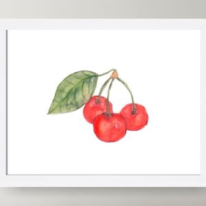 Wiśnia akwarela sztuka wydruk, owocowa akwarela sztuka, wiśnia malarstwo, jedzenie kuchnia ściana sztuka, botaniczny wydruk, kuchnia ściana sztuka, wystrój kuchni