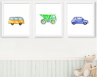 Druki artystyczne do pokoju dziecięcego z motywem transportu: dekoracja do pokoju chłopca, zestaw 3 wydruków giclée
