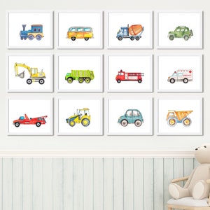 Conjunto de arte de transporte de 12 impresiones, arte de pared de camiones, póster de guardería, decoración de vehículos de construcción, decoración de pared para niños, arte de pared de guardería