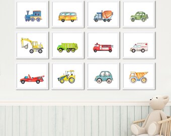 Láminas de transporte: Camiones de acuarela, vehículos de construcción, decoración infantil