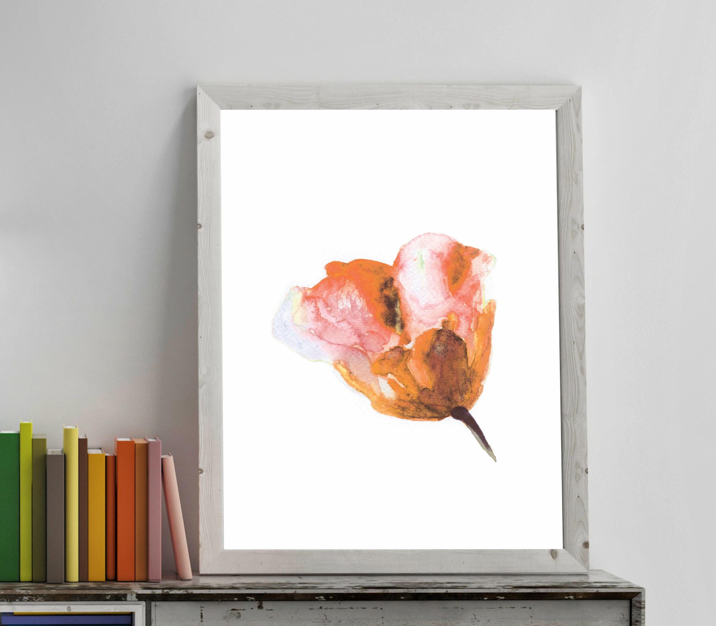 オレンジ色の水彩画の花のアートプリント：抽象的な花の壁飾り - Etsy 日本