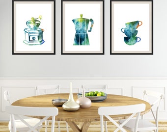 Kaffee Kunstdrucke Set: Aquarell Küchen Wand Dekor