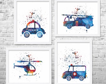 Rescue Vehicles Prints, Trucks Car Art, Transportation Decor, Nursery Poster, Baby Boy Nursery, Kids Art, Nursery Decor, Set of 4 Prints