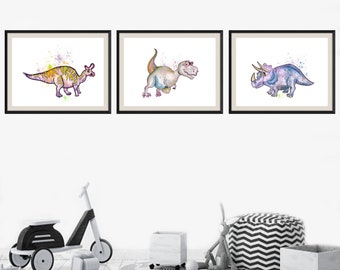 Dinosaur Wall Art Print, Nursery Dinosaur, Colorful Kids Art, Dinosaur Art, Dino illustration, Kids Room Wall, Set of 3 Prints