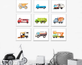 Aquarel kinderwagenafdrukken: transportkunst, set van 9 inch