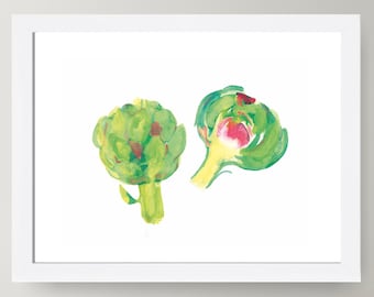 Artisjok-aquarel, keukenkunst aan de muur, groentekunst