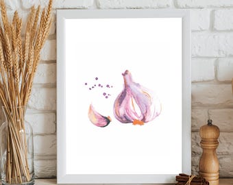 Garlic Watercolor Print, Kitchen Wall Art, Food Illustration