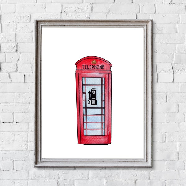 Retro Style Red Phone Box Art Print, London Red Phone Box , English, Home City Art, London Nursery Art,  Kids Art Print, Nursery Decor