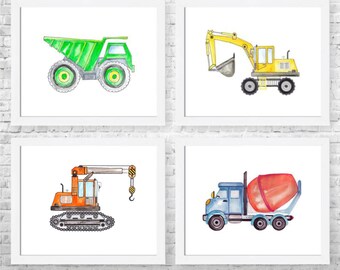 Construction Nursery Decor, Construction Vehicle Watercolor Prints Set of 4, Digger Trucks Art,  Baby Boy Nursery, Kids Room Art