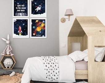 Space Nursery Wall Art Set of 4, Watercolor Astronaut Rocket Planet Prints, Outer Space Decor, Boys Room, Toddler Playroom